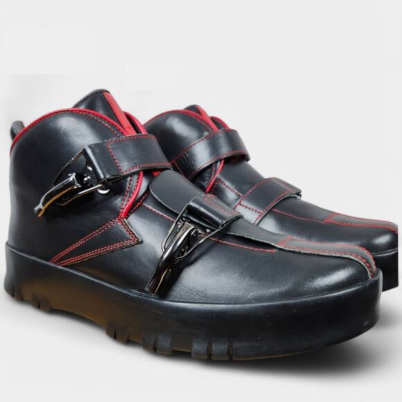 Vintage Prada Red Stripe Platform Boots Black Mens 9 (US 10) Made in Italy - Picture 4 of 16